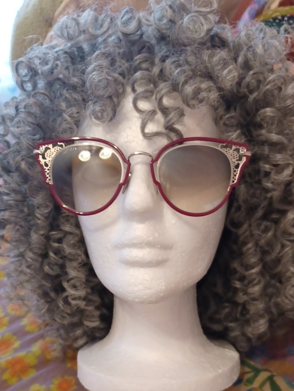 Jimmy Choo Burgundy Cat-Eye Sunglasses with Gold Filigree